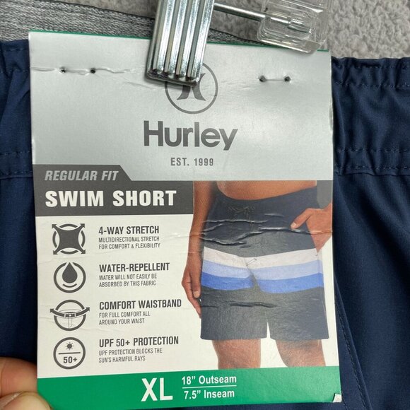 NEW Hurley Men's XL Regular Fit Swim Shorts Navy Blue & Striped Polyester - Picture 4 of 6